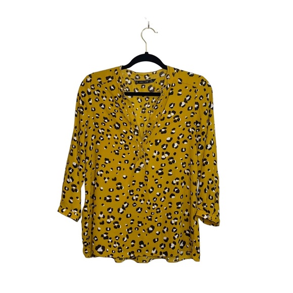 Zara Basic Mustard Yellow & Black Leopard Print Ruffle Blouse Medium Women’s - Picture 1 of 11